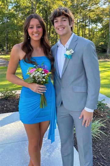 Strapless Blue Ruched Sheath Short Prom Dress HZ1023